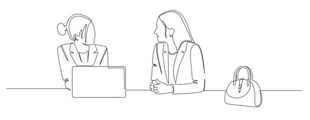 Continuous line art of two female workers working in front of a laptop while having a dialogue. Teamwork concept