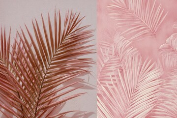 Close up view of textured pink wallpaper featuring a repeated palm leaf pattern, creating a soft and inviting atmosphere in a modern interior