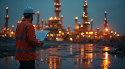 Industrial engineer in orange safety vest and white hard hat standing on wet reflective surface holding construction