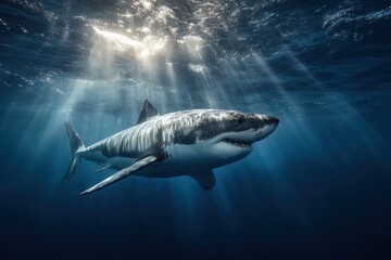 Naklejka premium Great white shark glides gracefully through the clear blue waters of the Pacific Ocean, showcasing its powerful presence in a serene underwater environment during daylight