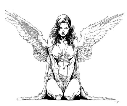 Female angel silhouette, open wings and flowing robes, haloed figure in graceful motion - black and white illustration, serene spiritual symbol of protection, grace, purity and hope