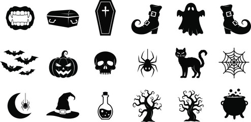 Fototapeta premium Collection of halloween silhouettes featuring vampire, coffin, ghost, pumpkin, skull, cat, and spider for spooky designs