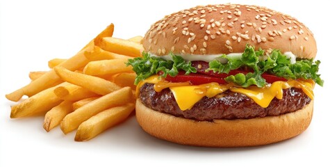 Cheeseburger and fries, close-up.  Freshly prepared, appetizing meal.  Golden-brown fries beside a juicy cheeseburger.  Bun, patty, cheese, lettuce, tomato, and sauce