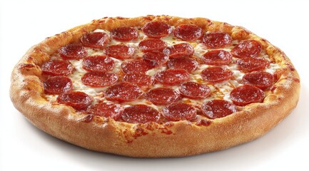 Round pizza topped with numerous slices of pepperoni and melted cheese