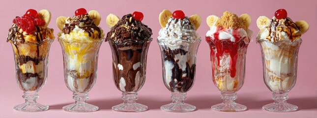 A row of classic ice cream sundaes in clear glasses, dripping with sauces, topped with whipped cream, cherries, and banana slices.  Layers of ice cream, cake, and nuts are visible