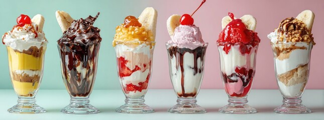 Assorted colorful layered ice cream sundaes in glass dishes, drizzled with various sauces