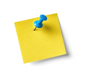A bright yellow sticky note with a vibrant blue pushpin