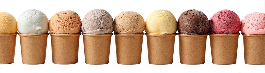 Variety of ice cream scoops in small paper cups