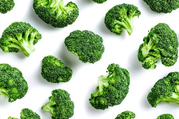 Fresh broccoli florets arranged in a repeating pattern on a white background