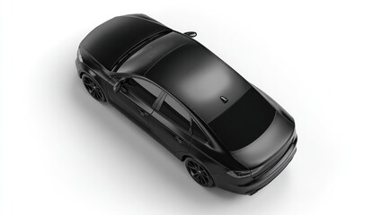 High-angle, full shot of a sleek black sedan