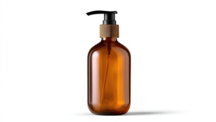 Amber glass pump bottle.  Front view of a  brown glass bottle with a black pump dispenser and light-brown wooden top.  Clear liquid inside.  Simple, elegant design.  Isolated on white background
