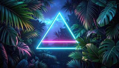 Tropical Jungle with Neon Triangle Glowing in Night Dark Scenery Surrounded by Lush Green Palm Leaves and Plant with Exotic Ambiance