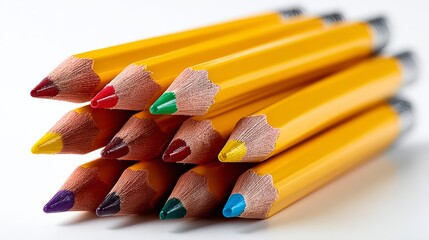 Stack of pencils with different colored tips. The pencils are yellow and have a variety of colors on their tips