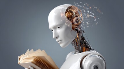 Robot is reading a book with its head. The robot is white and has a robotic appearance. The book is open to a page with a lot of text. The robot is focused on the book and he is engaged in reading