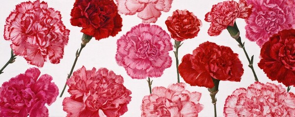 Floral pattern of carnations in various shades of pink and red, on a white background.  Detailed illustrations of blossoms, with visible petals and stems, create a repeating design
