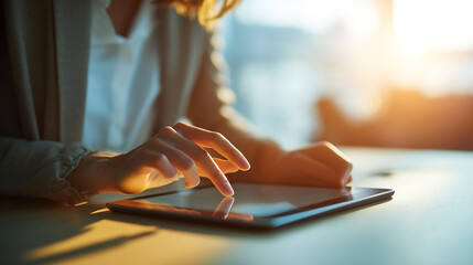 Woman interacting with a tablet device in a brightly lit environment indoors