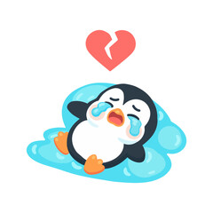 Cartoon Penguin Crying with Broken Heart Above