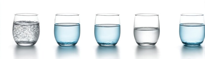 Four glasses of water, varying in fullness and clarity