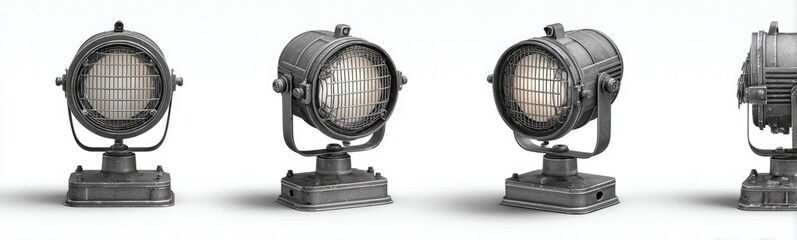Four vintage-style spotlights, gray metal, isolated