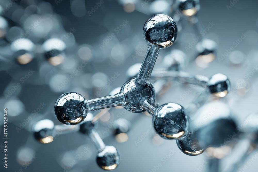 Poster abstract depiction of a silver molecular structure showcasing intricate connections between atoms an