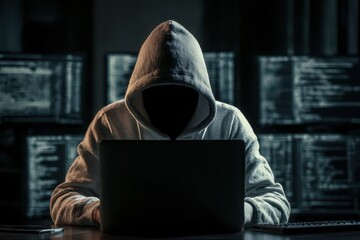 Hooded figure engaged in hacking activities on a laptop in a dimly lit room filled with computer screens displaying code