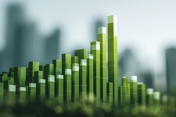 Dynamic green bar charts showcasing positive trends in data visualization for urban growth and development in modern city settings