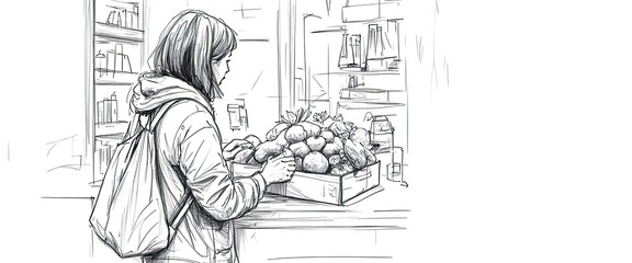 Young woman examines fresh produce at a market stall, exploring healthy eating options and local food choices in a vibrant shopping environment