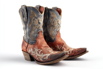 Pair of distressed cowboy boots,  orange-red and navy blue leather,  embellished with intricate designs