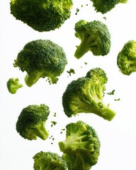 Fresh broccoli florets in mid-air against white