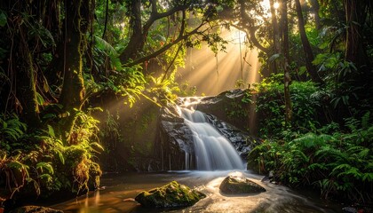 Tropical Waterfall Flowing into Pool Surrounded by Greenery with Sunlight Streaming Through Trees in Rainforest