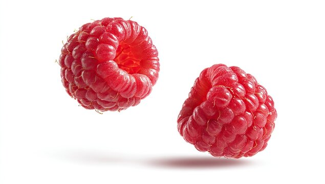 Two vibrant red raspberries appear to float against a white background