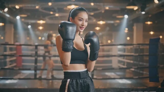 Young woman in a boxing gym, wearing gloves and a sports outfit, focusing on her stance and preparing to spar