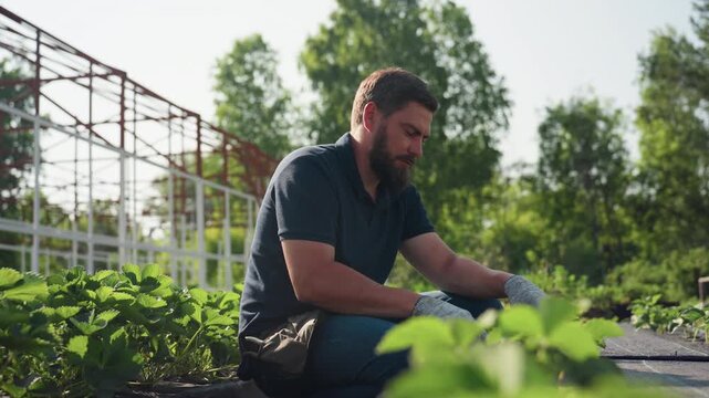 Side view gardener on farm squats among strawberry rows, wipes sweat from face with left hand, pauses then continues careful soil tending under warm sun, rural summer labor