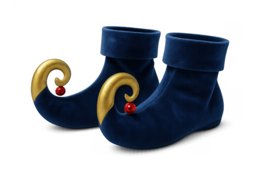 Pair of blue elf shoes with golden details on transparent background