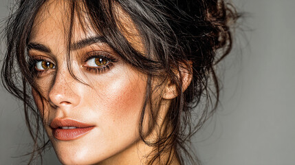 Dark haired woman with freckles is featured in an eye-level close-up that is perfect for portrait photography and beauty branding.