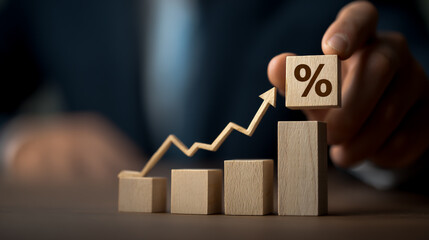 Businessman's hand placing a wooden block with an interest rate symbol and an upward-pointing arrow on a growing graph of an apartment or house