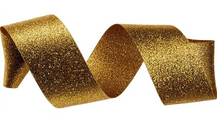 Gold glitter ribbon swirled on white background
