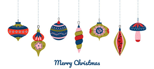 Christmas tree toys and baubles card on transparent background. Hangning Christmas tree vintage decorations. Festive background, banner, poster, flyer with typography. Retro style. Vector.