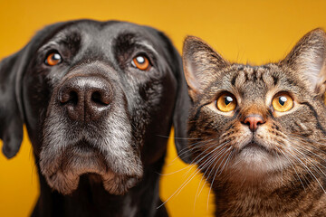 Yellow, close-up portrait shows a dog and cat. Faces fill frame. Use for pet product photography, branding, animal-related media.