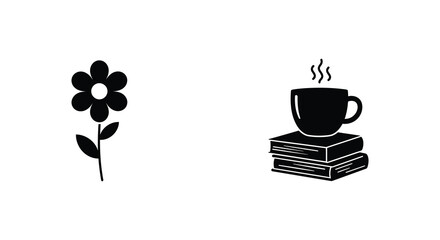 Simple black and white illustration of a flower books and hot drink