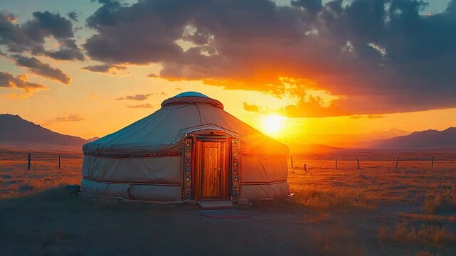 A solitary yurt glows warmly in the orange light of a mountain sunset.