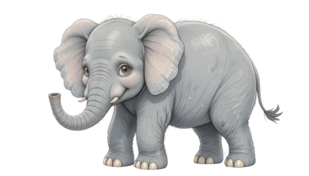 Large grey elephant with trunk and tusk standing or walking, an animal of the wildlife and nature like a mammal and pachyderm, isolated on a white background