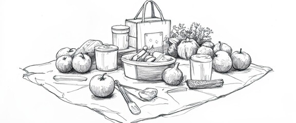 Hand-drawn sketch of a picnic scene featuring fruits, containers, and utensils on a tablecloth, perfect for illustrating outdoor dining and food enjoyment