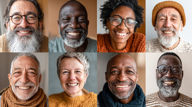 Diverse joyful portraits, multiple expressions show, suitable for social media, website banner, and community outreach campaigns.