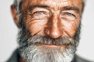 Wrinkled tan skin shows texture. Old man portrait has striking details, perfect for articles, posters, or social media.