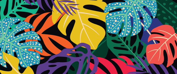 Abstract tropical plant background vector. Colorful boho foliage botanical tropical leaves and floral pattern. Illustration for summer sale banner , wall art, prints and fabrics. © TWINS DESIGN STUDIO