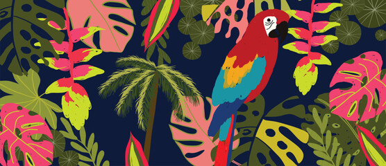 Abstract tropical plant background vector. Colorful boho foliage botanical tropical leaves, floral pattern and parrot. Illustration for summer sale banner , wall art, prints and fabrics. © TWINS DESIGN STUDIO