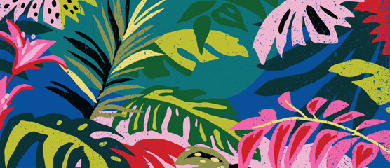 Obraz na płótnie Canvas Abstract tropical plant background vector. Colorful boho foliage botanical tropical leaves and floral pattern. Illustration for summer sale banner , wall art, prints and fabrics.
