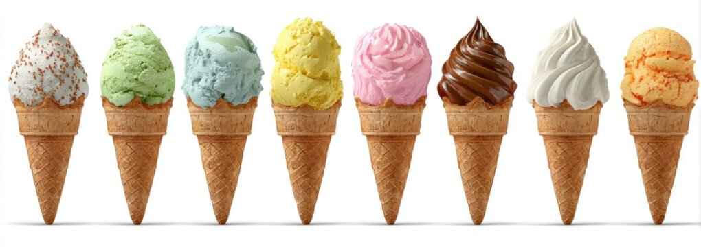 Eight ice cream cones, various colors and toppings, arranged horizontally on a white background