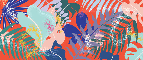 Abstract tropical plant background vector. Colorful boho foliage botanical tropical leaves and floral pattern. Illustration for summer sale banner , wall art, prints and fabrics.